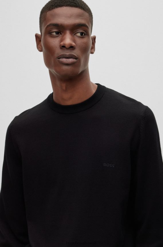 4TFNJN904 أسود Hugo Boss سترة سوداء من القطن الخالص بقصة عادية مع شعار هوغو مطرز