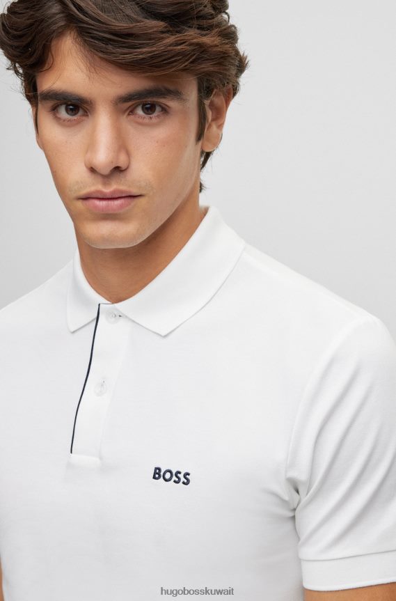4TFNJN912 أبيض Hugo Boss قميص بولو أبيض من Hugo مصنوع من القطن المطاطي بقصة ضيقة مع شريط داخلي
