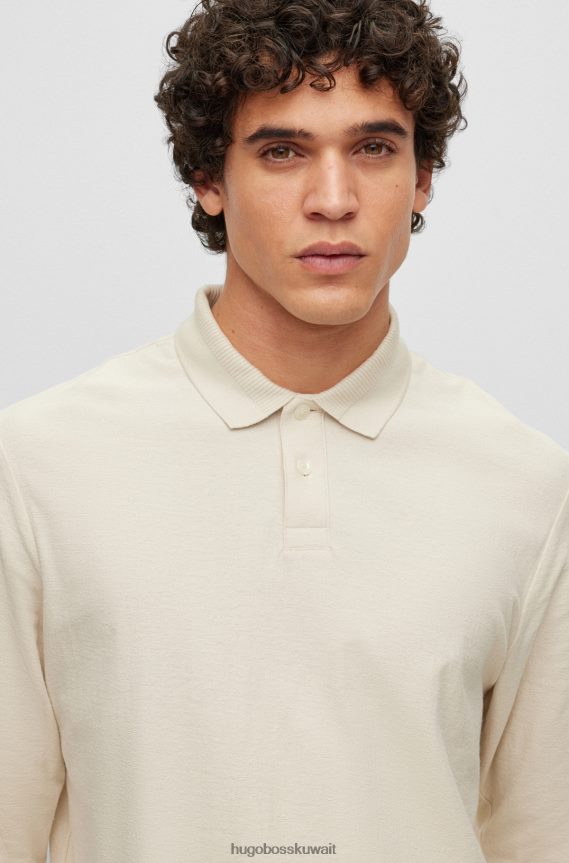4TFNJN919 أبيض Hugo Boss قميص بولو هوغو أبيض مريح بأكمام طويلة من قماش الجاكار القطني
