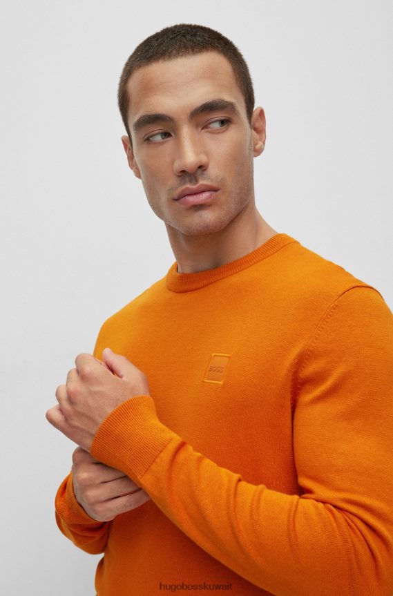 4TFNJN930 البرتقالي Hugo Boss سترة برتقالية برقبة دائرية من هوغو من القطن والكشمير مع شعار