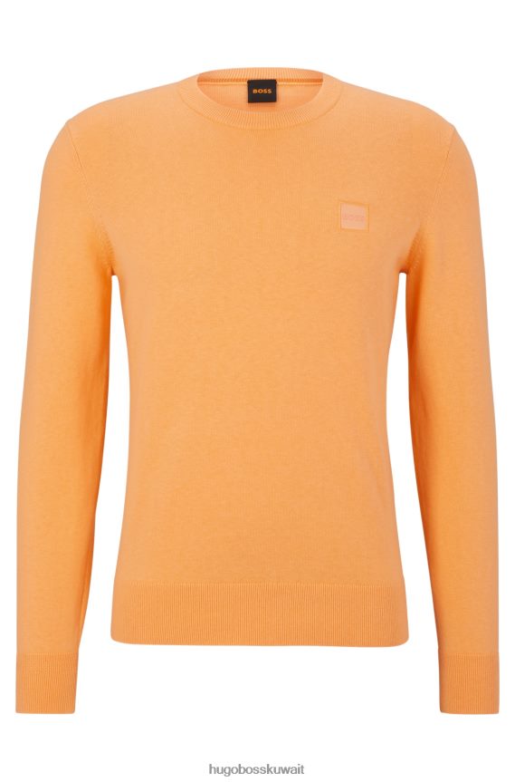 4TFNJN931 برتقالي فاتح Hugo Boss هوغو سترة برتقالية فاتحة برقبة دائرية من القطن والكشمير مع شعار