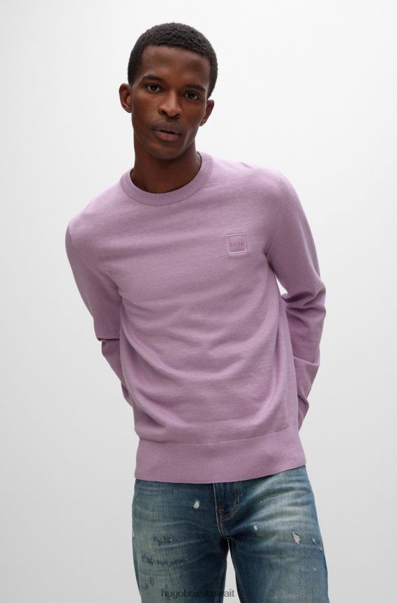 4TFNJN933 ضوء ارجواني Hugo Boss سترة بياقة دائرية من القطن والكشمير مع شعار هوغو باللون الأرجواني الفاتح