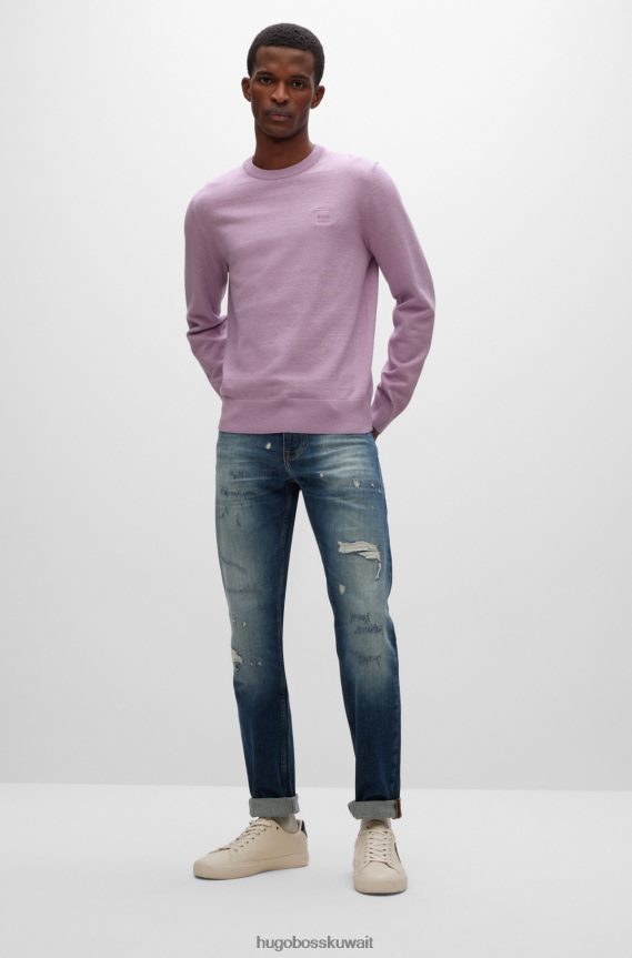 4TFNJN933 ضوء ارجواني Hugo Boss سترة بياقة دائرية من القطن والكشمير مع شعار هوغو باللون الأرجواني الفاتح