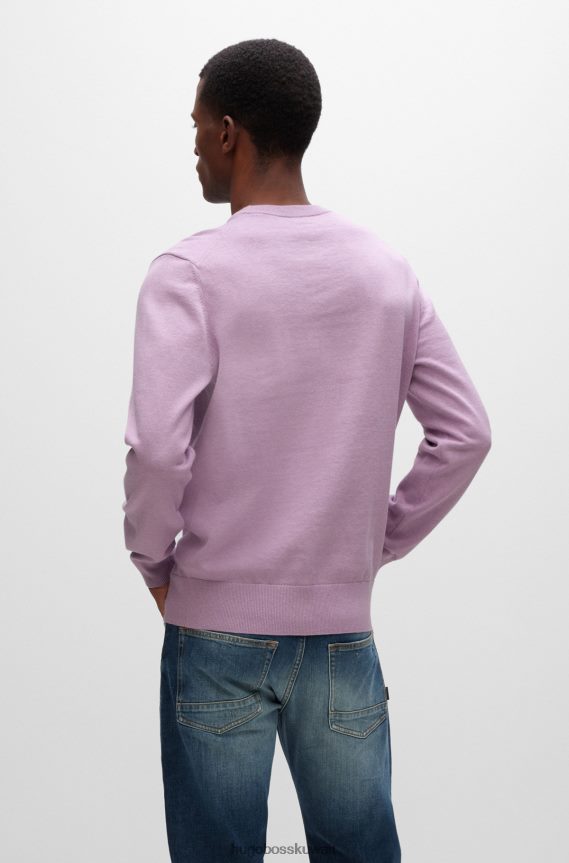 4TFNJN933 ضوء ارجواني Hugo Boss سترة بياقة دائرية من القطن والكشمير مع شعار هوغو باللون الأرجواني الفاتح