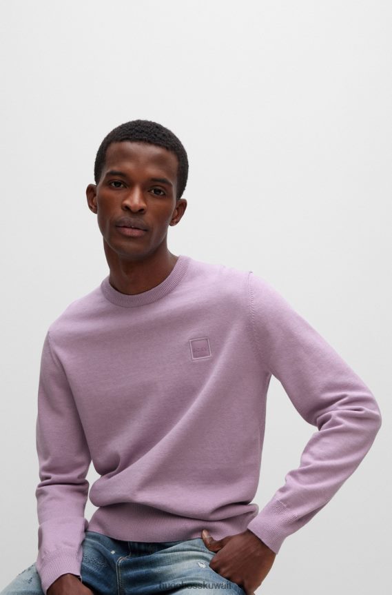 4TFNJN933 ضوء ارجواني Hugo Boss سترة بياقة دائرية من القطن والكشمير مع شعار هوغو باللون الأرجواني الفاتح