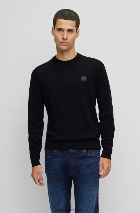 4TFNJN937 أسود Hugo Boss هوغو سترة سوداء برقبة دائرية من القطن والكشمير مع شعار