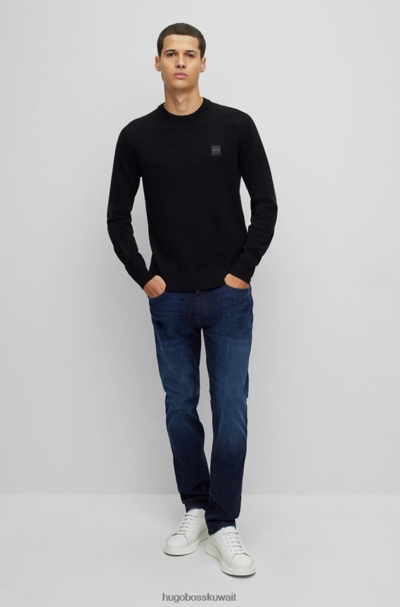 4TFNJN937 أسود Hugo Boss هوغو سترة سوداء برقبة دائرية من القطن والكشمير مع شعار