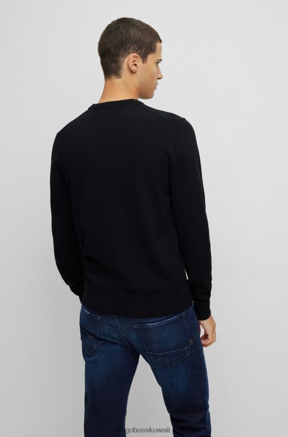 4TFNJN937 أسود Hugo Boss هوغو سترة سوداء برقبة دائرية من القطن والكشمير مع شعار