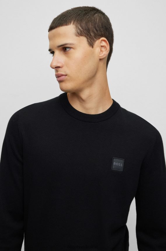 4TFNJN937 أسود Hugo Boss هوغو سترة سوداء برقبة دائرية من القطن والكشمير مع شعار