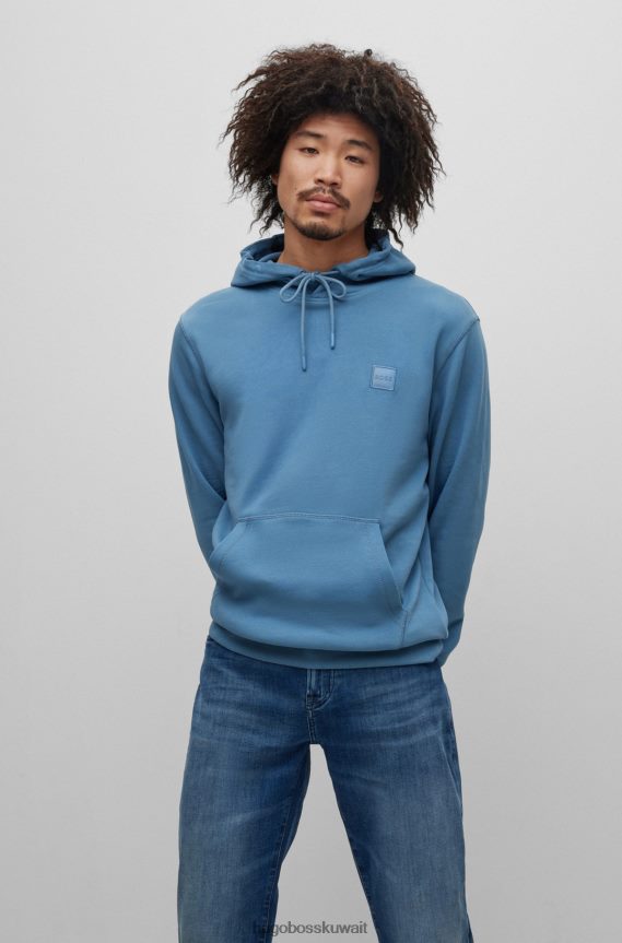 4TFNJN942 أزرق Hugo Boss سويت شيرت بغطاء رأس من قطن تيري الفرنسي باللون الأزرق مع رقعة الشعار