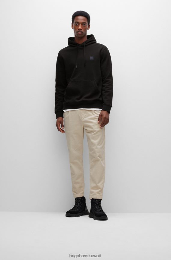 4TFNJN946 أسود Hugo Boss سويت شيرت بغطاء رأس من قطن تيري الفرنسي الأسود مع رقعة شعار هوغو