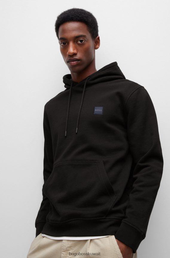 4TFNJN946 أسود Hugo Boss سويت شيرت بغطاء رأس من قطن تيري الفرنسي الأسود مع رقعة شعار هوغو