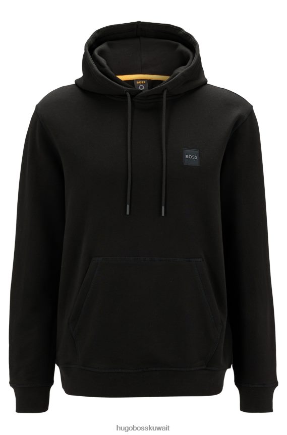 4TFNJN946 أسود Hugo Boss سويت شيرت بغطاء رأس من قطن تيري الفرنسي الأسود مع رقعة شعار هوغو