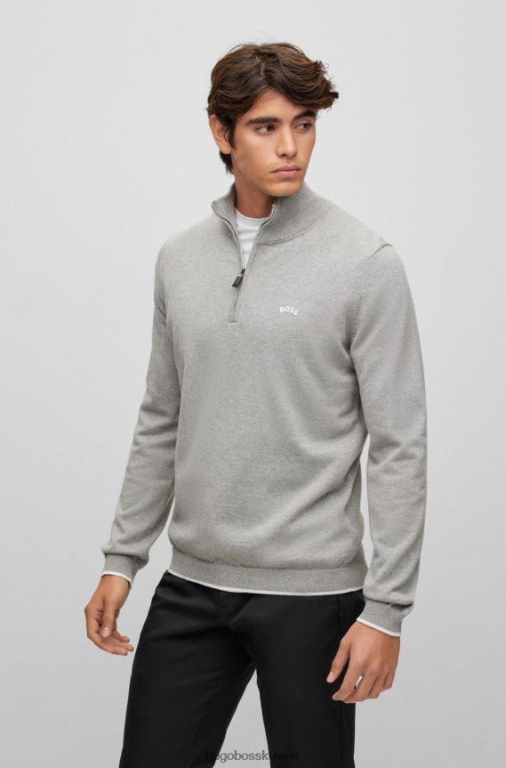 4TFNJN971 رمادي فاتح Hugo Boss سترة من القطن العضوي برقبة بسحاب مع شعار منحني هوغو باللون الرمادي الفاتح