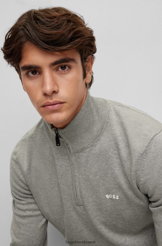 4TFNJN971 رمادي فاتح Hugo Boss سترة من القطن العضوي برقبة بسحاب مع شعار منحني هوغو باللون الرمادي الفاتح