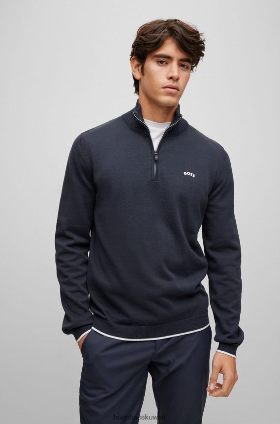 4TFNJN972 أزرق غامق Hugo Boss سترة هيوغو ذات رقبة بسحاب من القطن العضوي باللون الأزرق الداكن مع شعار منحني