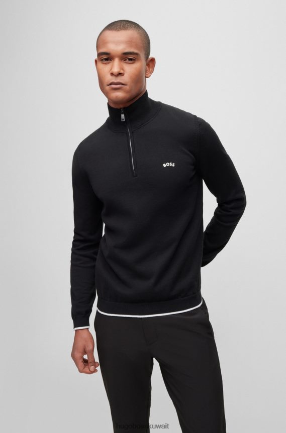 4TFNJN973 أسود Hugo Boss سترة هوغو سوداء من القطن العضوي برقبة بسحاب وشعار منحني