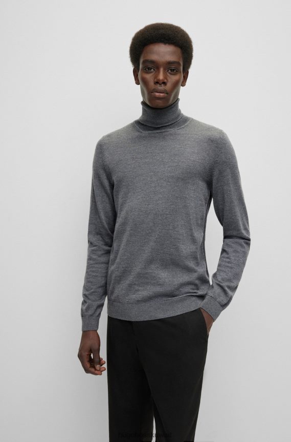 4TFNJN981 رمادي Hugo Boss سترة بياقة دائرية وقصة ضيقة من هوغو من الصوف البكر باللون الرمادي