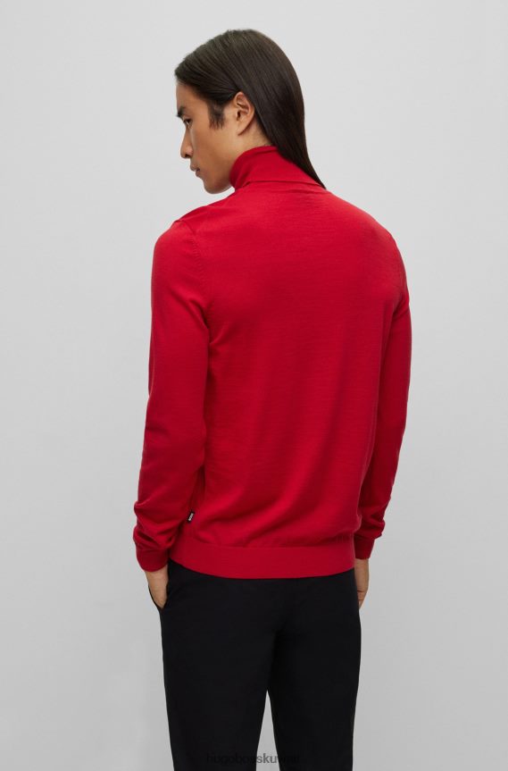 4TFNJN983 أحمر Hugo Boss سترة بياقة دائرية وقصة ضيقة من الصوف البكر باللون الأحمر