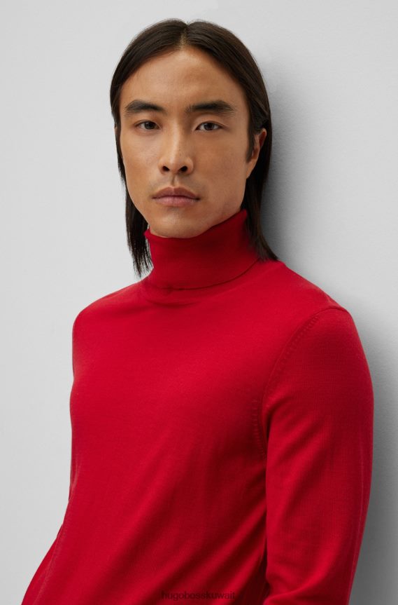 4TFNJN983 أحمر Hugo Boss سترة بياقة دائرية وقصة ضيقة من الصوف البكر باللون الأحمر