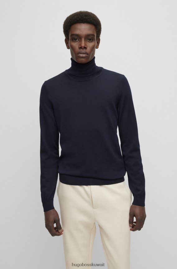 4TFNJN986 أزرق غامق Hugo Boss سترة هوغو ذات الياقة المدورة ذات قصة ضيقة من الصوف البكر باللون الأزرق الداكن