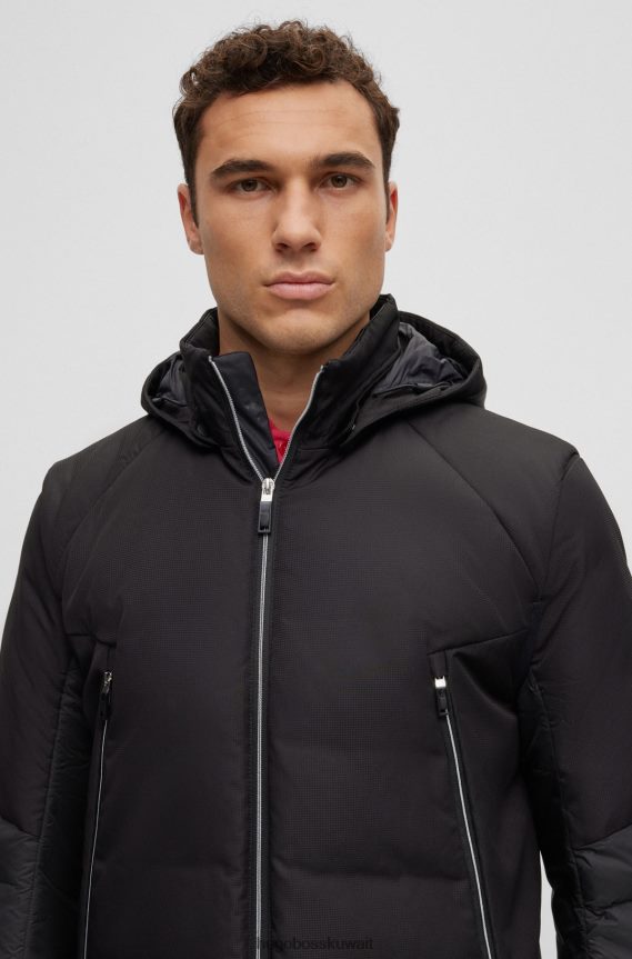 4TFNJN996 أسود Hugo Boss سترة هوغو سوداء من خامات مختلطة بأكمام وغطاء رأس قابلين للفصل